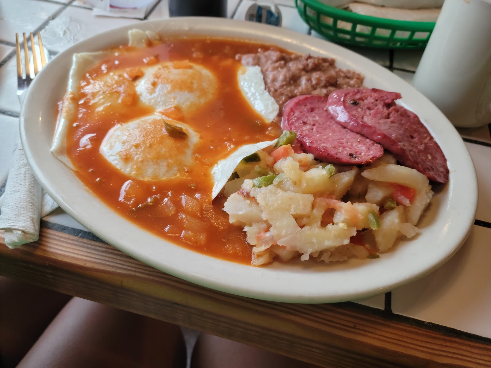Plate of Mexican breakfast food at Meme's